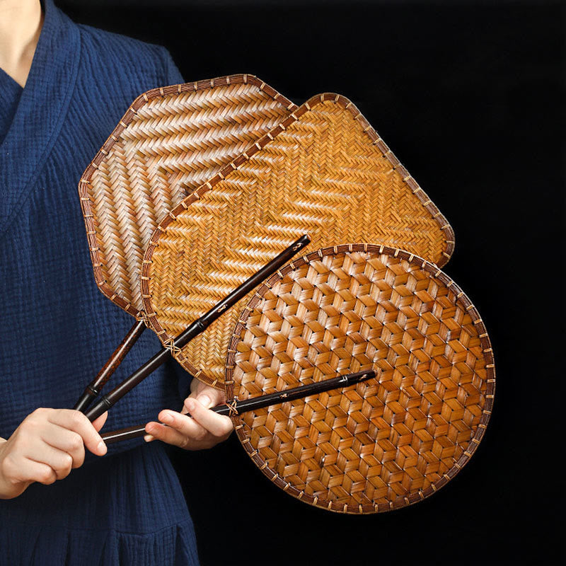 Buddha Stones Chinese Style Handmade Bamboo Woven Round Oval Banana Shape Long Handle Fan - image 0
