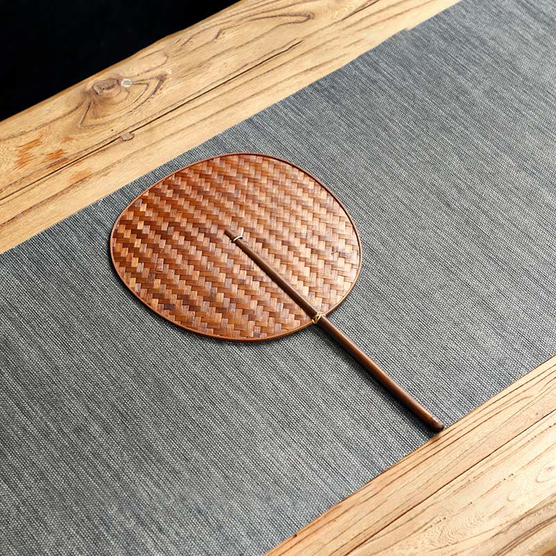 Buddha Stones Chinese Style Handmade Bamboo Woven Round Oval Banana Shape Long Handle Fan - Round Fan 22.5*38cm - image 1