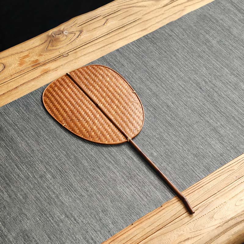 Buddha Stones Chinese Style Handmade Bamboo Woven Round Oval Banana Shape Long Handle Fan - Banana Shape 23.5*19*45cm - image 5