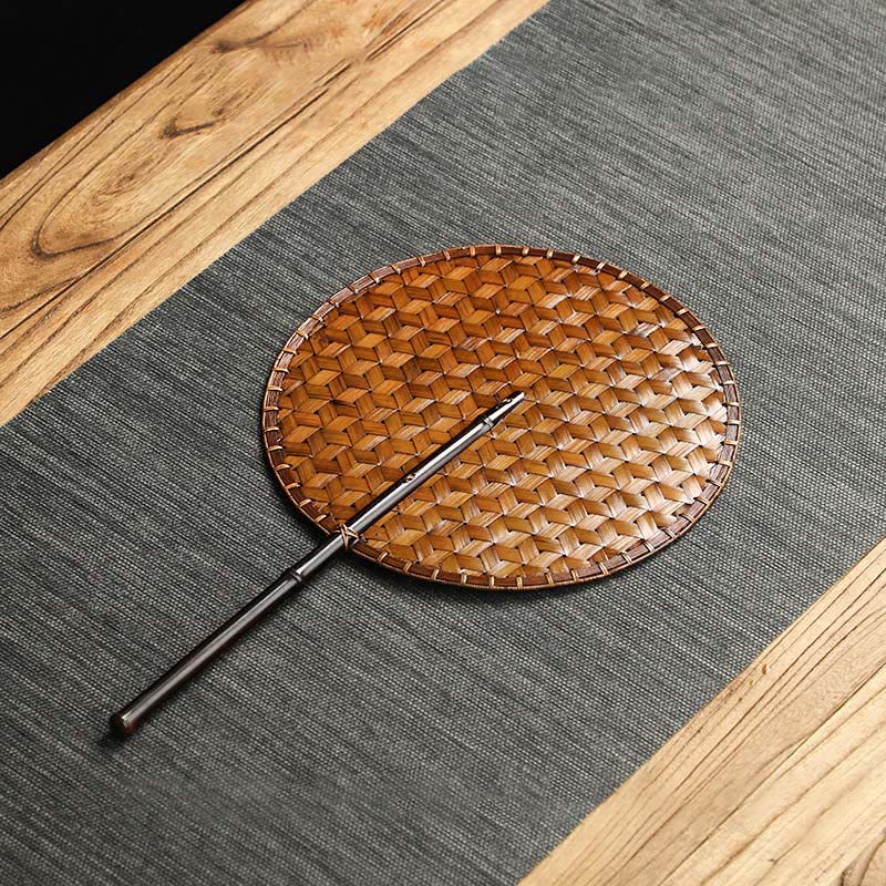 Buddha Stones Chinese Style Handmade Bamboo Woven Round Oval Banana Shape Long Handle Fan - Bamboo Woven Round Fan 25.5*41cm - image 12