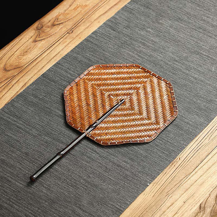 Buddha Stones Chinese Style Handmade Bamboo Woven Round Oval Banana Shape Long Handle Fan - Bamboo Woven Octagonal Fan 25*42cm - image 22