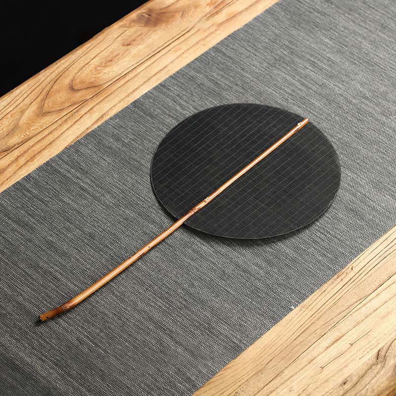 Buddha Stones Chinese Style Handmade Bamboo Woven Round Oval Banana Shape Long Handle Fan - Round Black 25*48cm - image 8