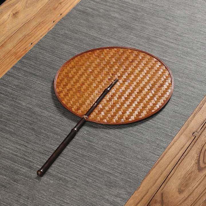 Buddha Stones Chinese Style Handmade Bamboo Woven Round Oval Banana Shape Long Handle Fan - Bamboo Woven Brown Purple Bamboo Handle 25*41cm - image 11