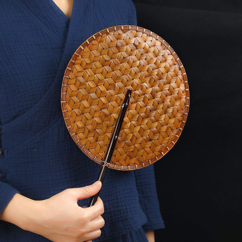 Buddha Stones Chinese Style Handmade Bamboo Woven Round Oval Banana Shape Long Handle Fan - image 2