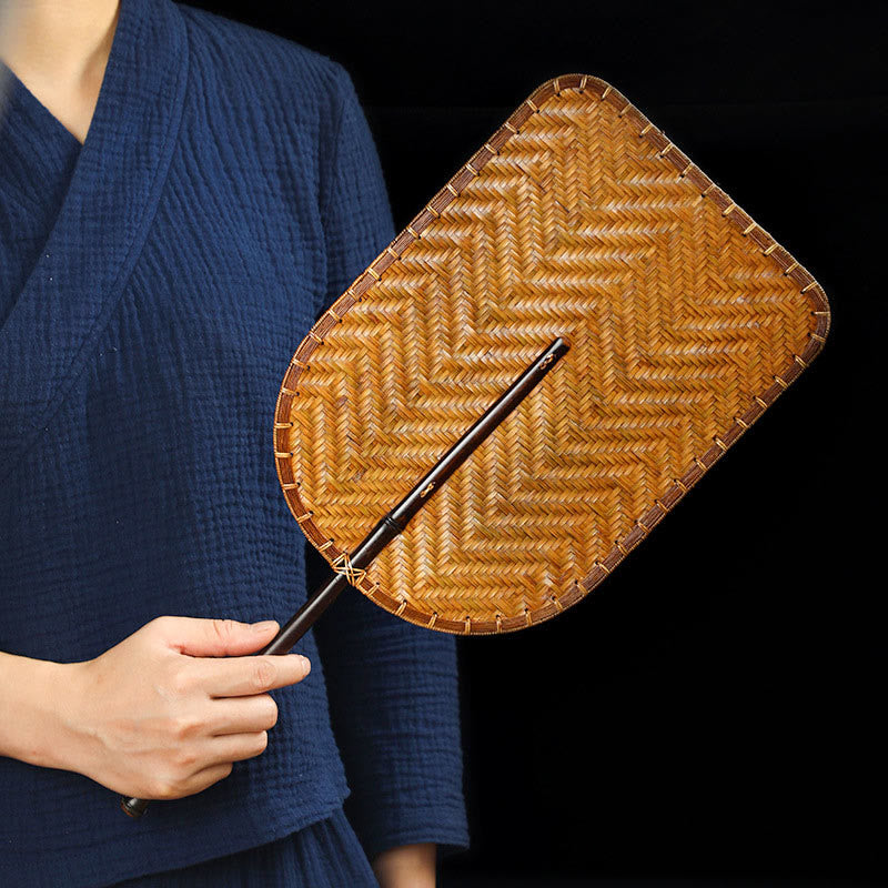 Buddha Stones Chinese Style Handmade Bamboo Woven Round Oval Banana Shape Long Handle Fan - image 16