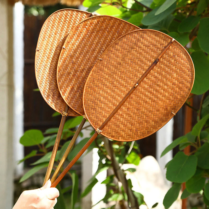 Buddha Stones Chinese Style Handmade Bamboo Woven Oval Round Banana Conical Shape Long Handle Fan - image 0