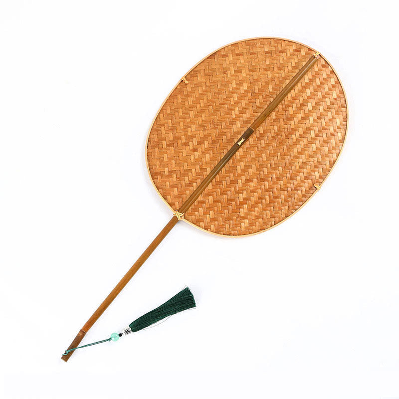 Buddha Stones Chinese Style Handmade Bamboo Woven Oval Round Banana Conical Shape Long Handle Fan - Ordinary Bamboo - Oval Type 25*20*46cm - image 1