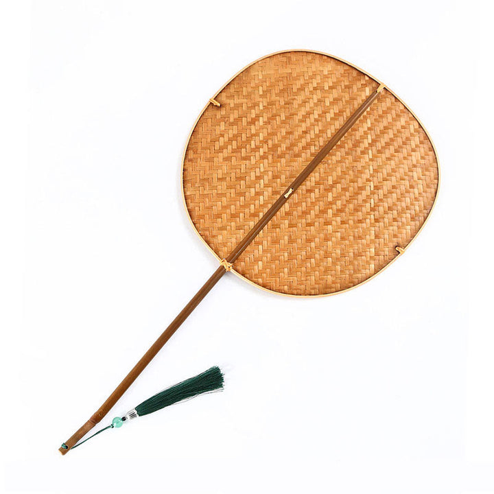 Buddha Stones Chinese Style Handmade Bamboo Woven Oval Round Banana Conical Shape Long Handle Fan - Ordinary Bamboo - Round Type 23*45cm - image 6