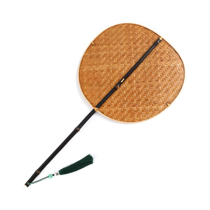 Buddha Stones Chinese Style Handmade Bamboo Woven Oval Round Banana Conical Shape Long Handle Fan - Purple Bamboo - Round Type 23*45cm - image 16