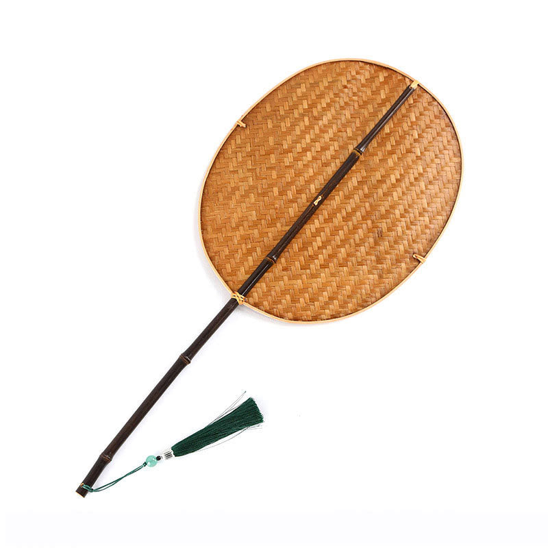 Buddha Stones Chinese Style Handmade Bamboo Woven Oval Round Banana Conical Shape Long Handle Fan - Purple Bamboo - Oval Type 25*20*46cm - image 14