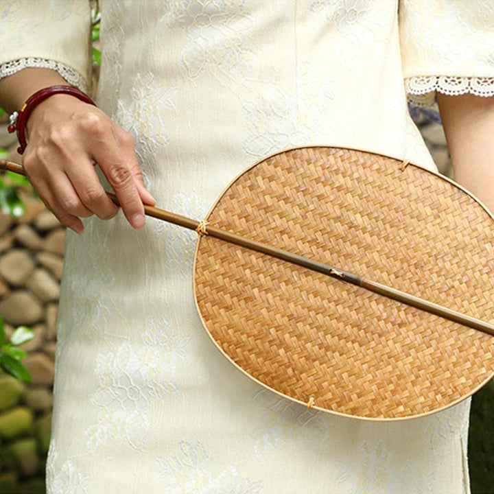 Buddha Stones Chinese Style Handmade Bamboo Woven Oval Round Banana Conical Shape Long Handle Fan - image 2