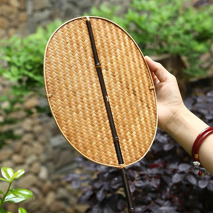 Buddha Stones Chinese Style Handmade Bamboo Woven Oval Round Banana Conical Shape Long Handle Fan - image 15