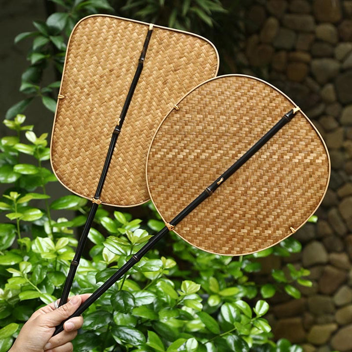 Buddha Stones Chinese Style Handmade Bamboo Woven Oval Round Banana Conical Shape Long Handle Fan - image 21