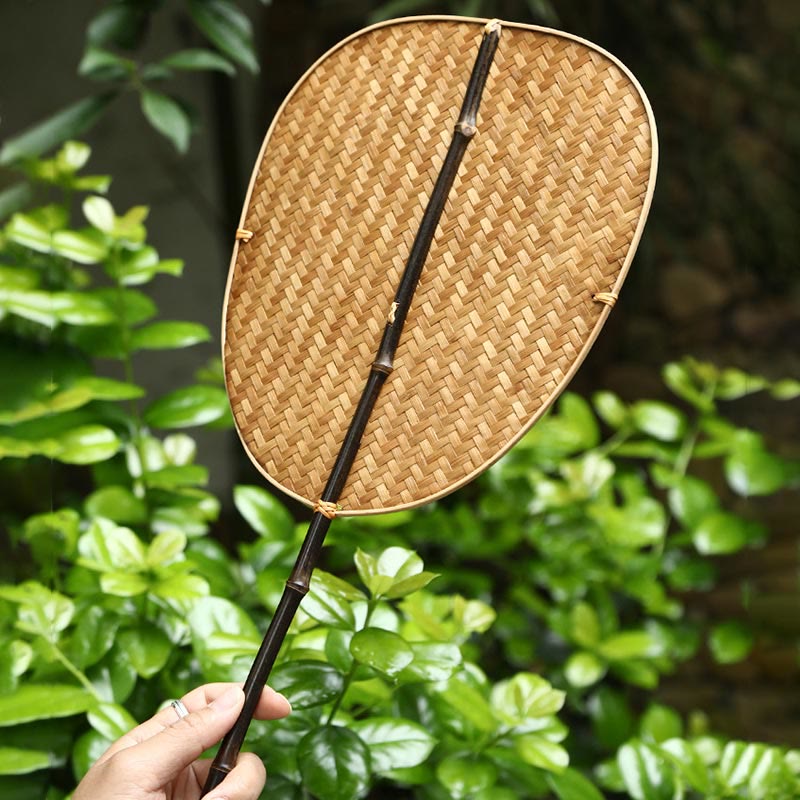 Buddha Stones Chinese Style Handmade Bamboo Woven Oval Round Banana Conical Shape Long Handle Fan - image 23