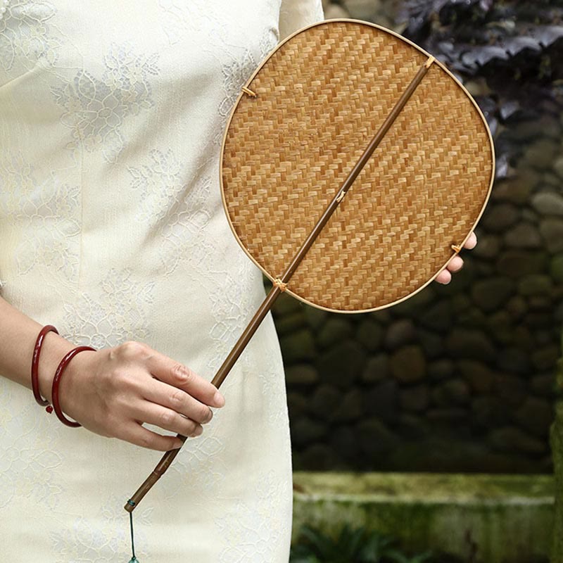 Buddha Stones Chinese Style Handmade Bamboo Woven Oval Round Banana Conical Shape Long Handle Fan - image 7