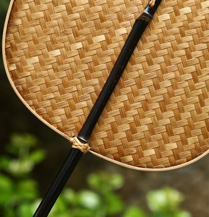 Buddha Stones Chinese Style Handmade Bamboo Woven Oval Round Banana Conical Shape Long Handle Fan - image 18