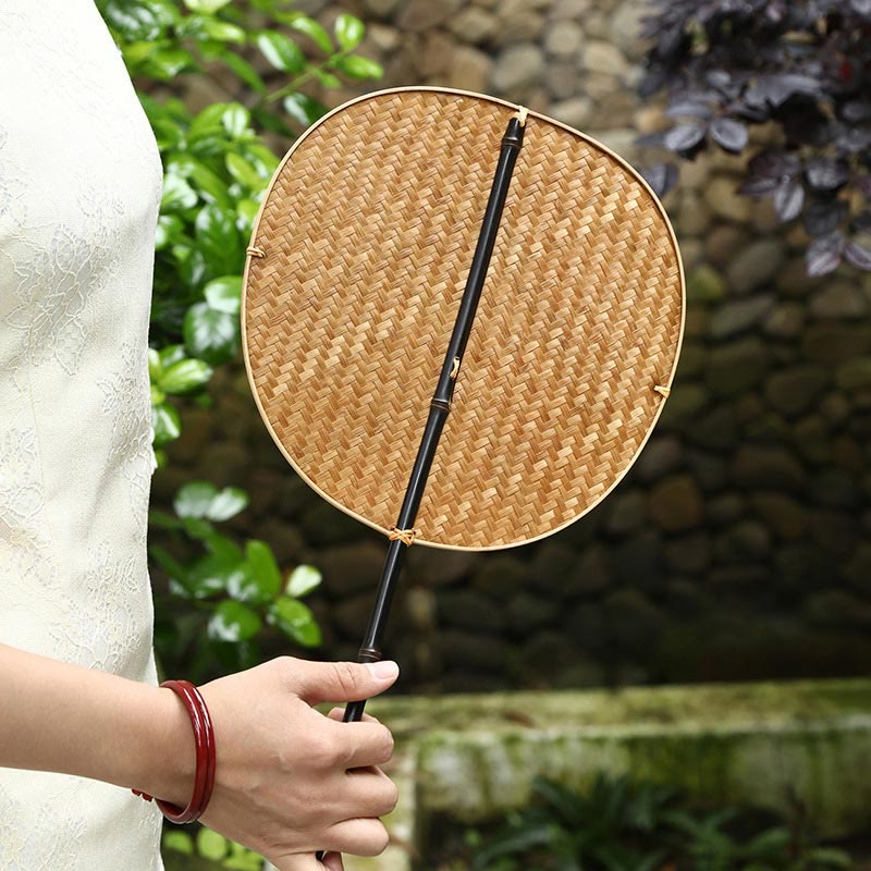Buddha Stones Chinese Style Handmade Bamboo Woven Oval Round Banana Conical Shape Long Handle Fan - image 17