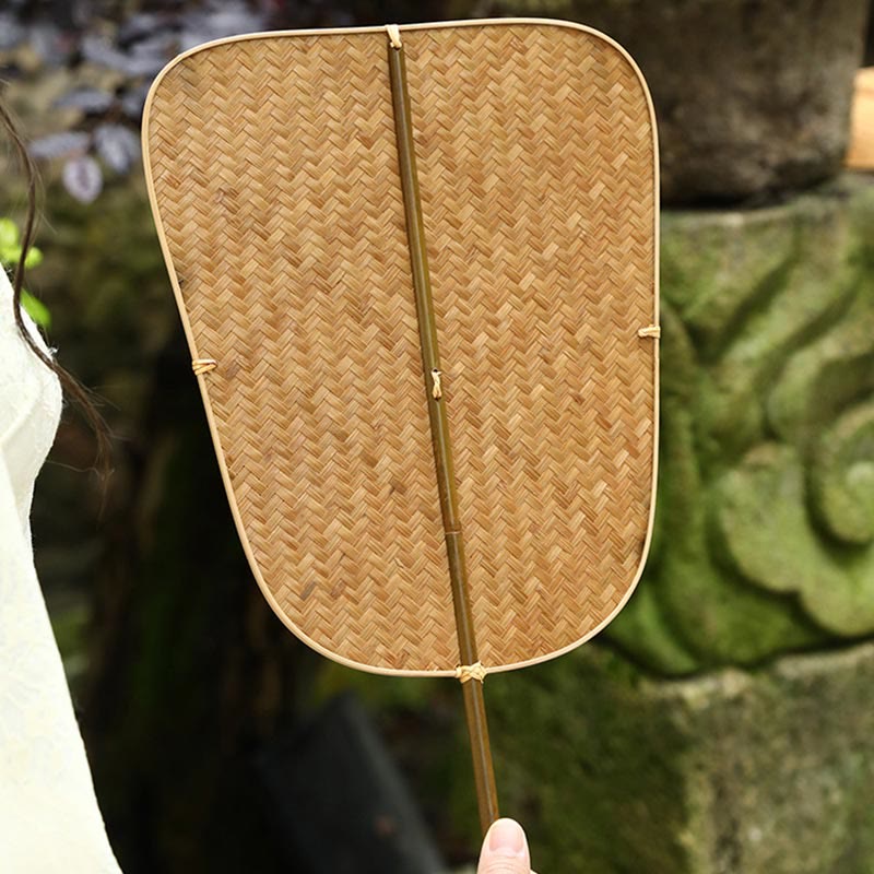 Buddha Stones Chinese Style Handmade Bamboo Woven Oval Round Banana Conical Shape Long Handle Fan - image 10