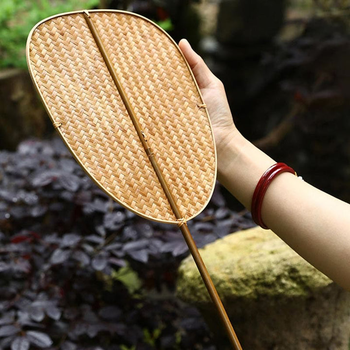 Buddha Stones Chinese Style Handmade Bamboo Woven Oval Round Banana Conical Shape Long Handle Fan - image 12
