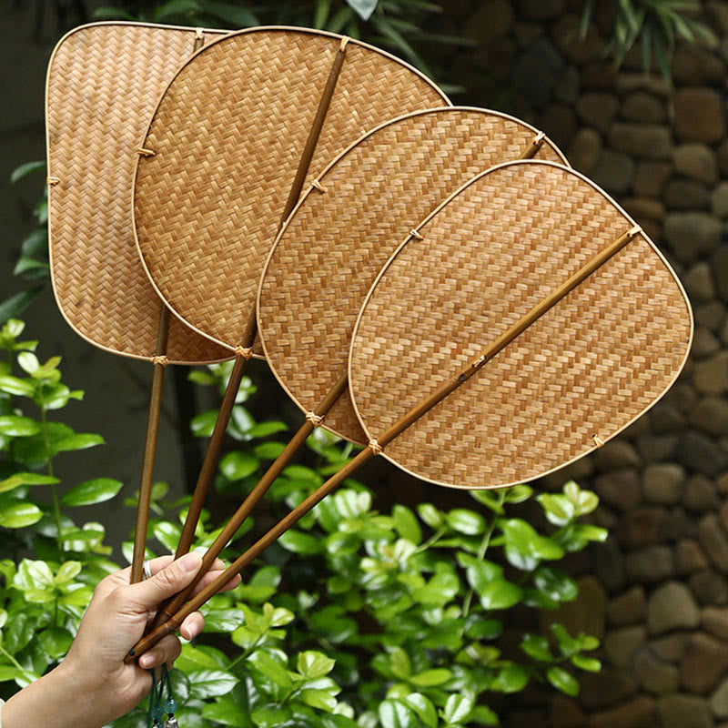 Buddha Stones Chinese Style Handmade Bamboo Woven Oval Round Banana Conical Shape Long Handle Fan - image 13