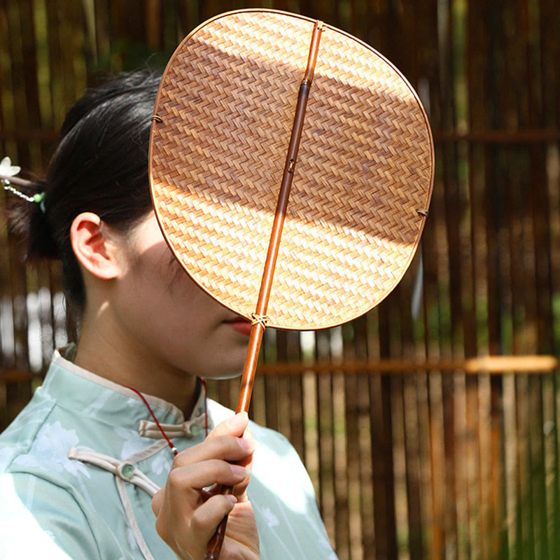 Buddha Stones Chinese Style Handmade Bamboo Woven Oval Round Banana Conical Shape Long Handle Fan - image 8
