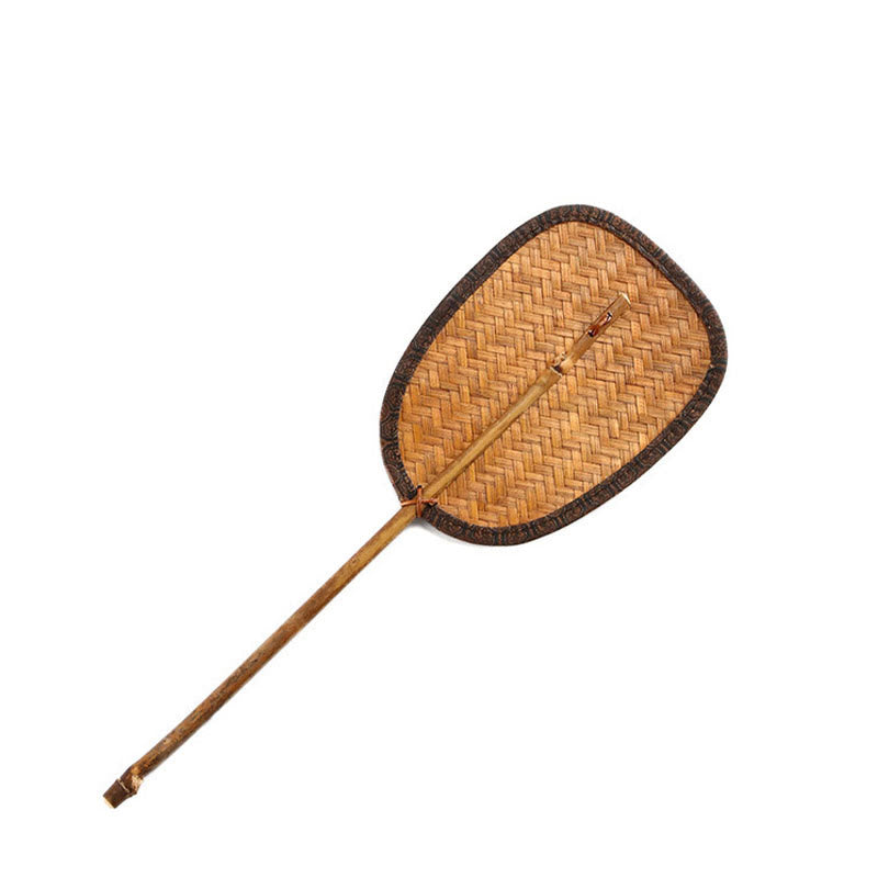 Buddha Stones Summer Retro Chinese Style Handmade Bamboo Woven Round Banana Shape Long Handle Fan - Oval 11*15*31cm - image 1