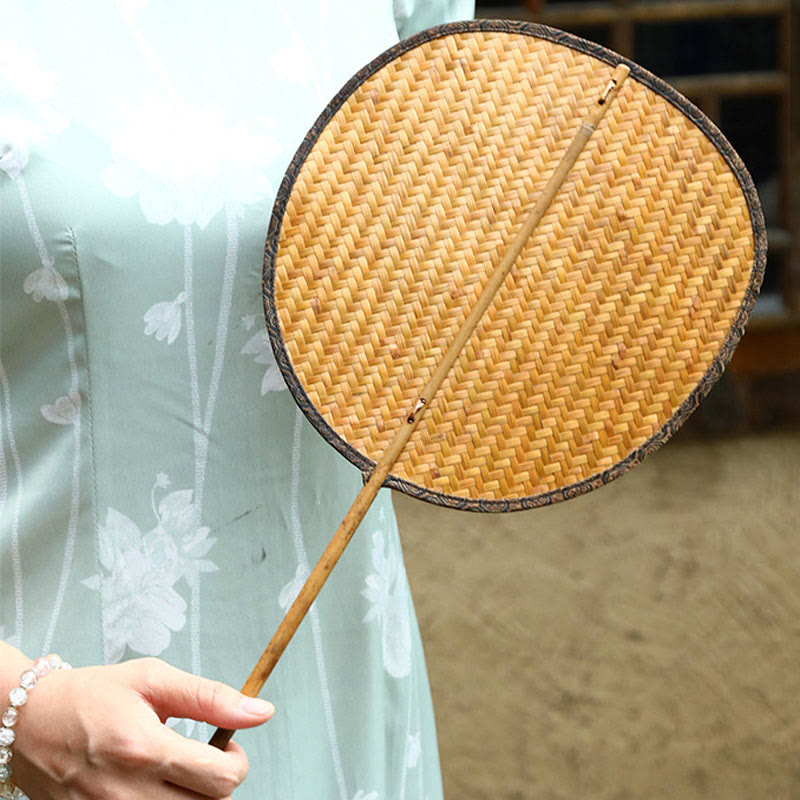 Buddha Stones Summer Retro Chinese Style Handmade Bamboo Woven Round Banana Shape Long Handle Fan - image 8