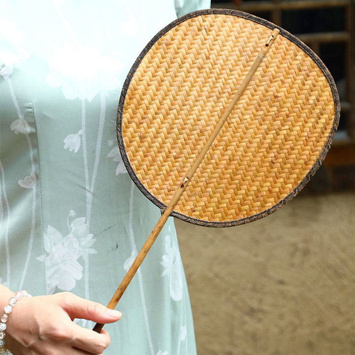 Buddha Stones Summer Retro Chinese Style Handmade Bamboo Woven Round Banana Shape Long Handle Fan - image 8