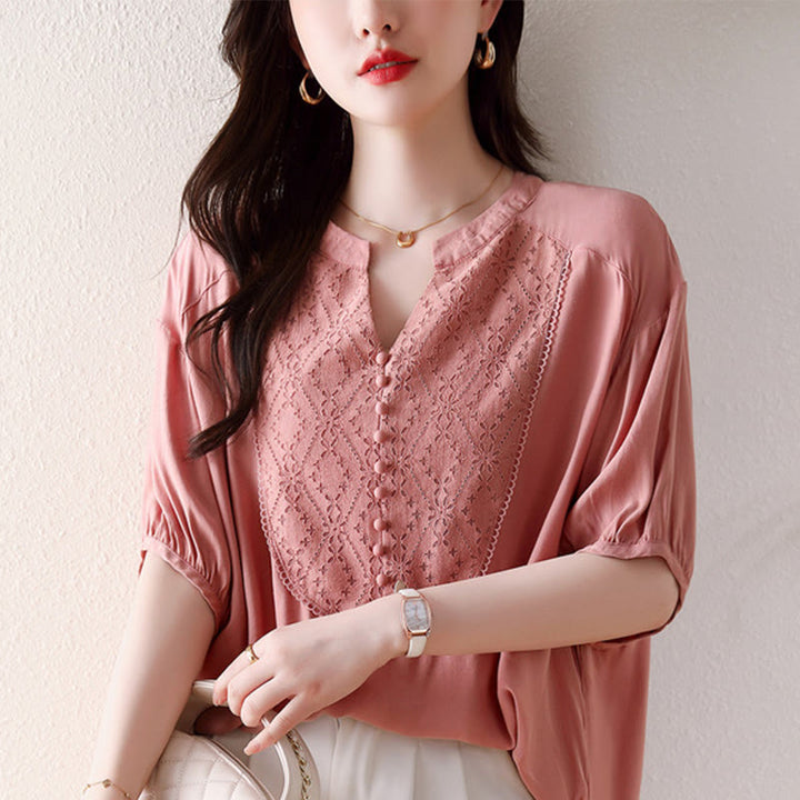 Buddha Stones V-Neck Pink Buttons Design Half Sleeve T-shirt Tee - image 10