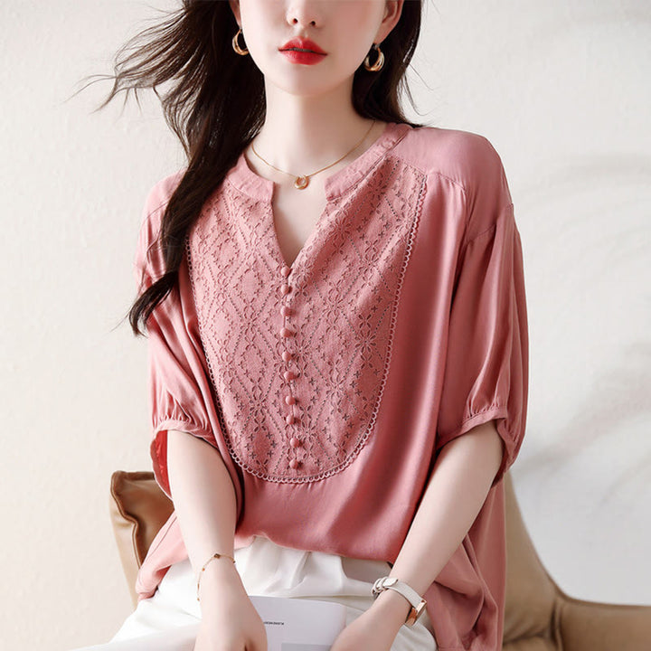 Buddha Stones V-Neck Pink Buttons Design Half Sleeve T-shirt Tee - image 9