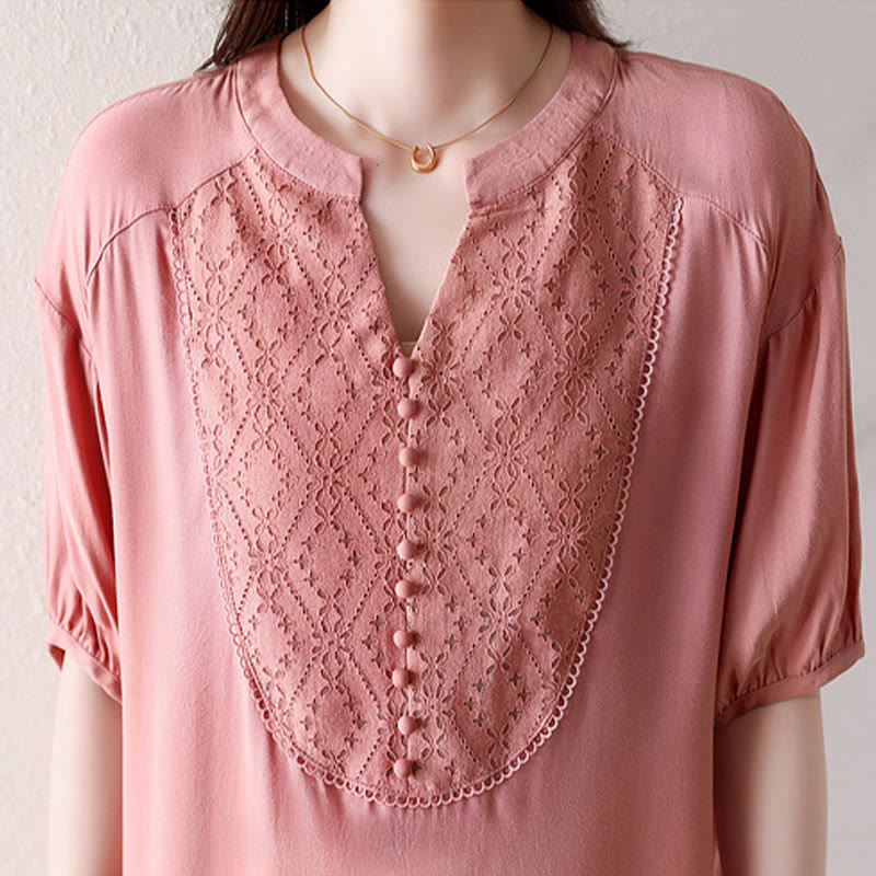 Buddha Stones V-Neck Pink Buttons Design Half Sleeve T-shirt Tee - image 5