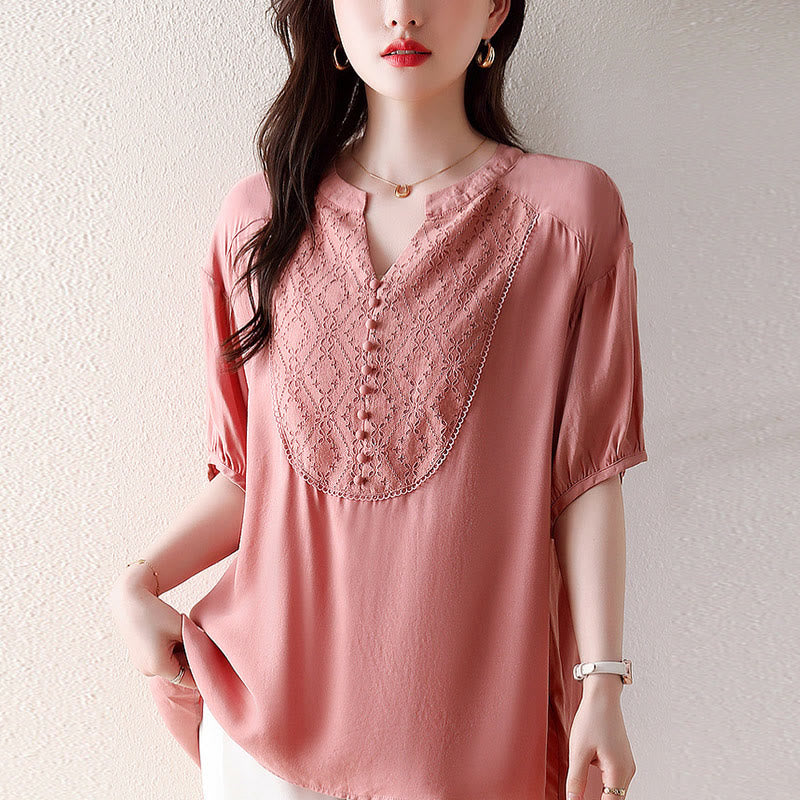 Buddha Stones V-Neck Pink Buttons Design Half Sleeve T-shirt Tee - 3XL(Fit for US12; UK/AU16; EU44) - image 0
