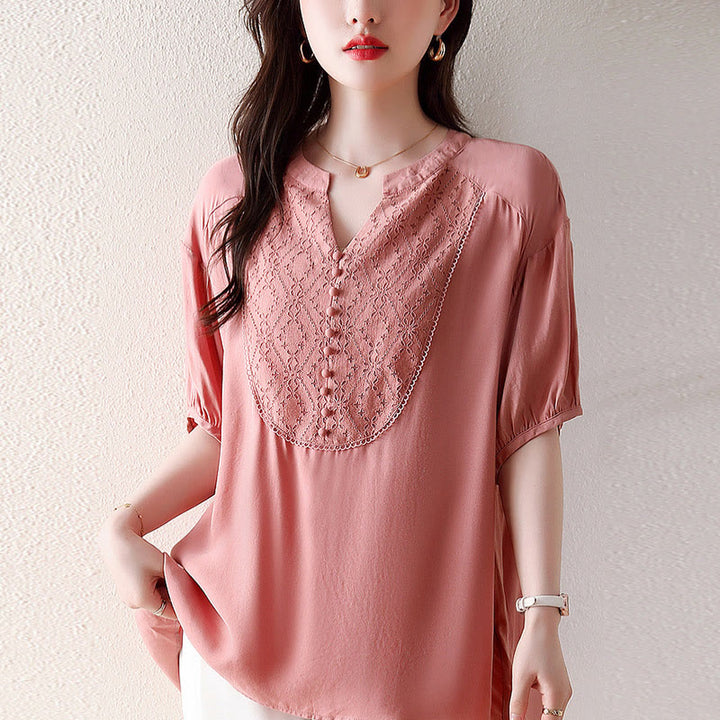 Buddha Stones V-Neck Pink Buttons Design Half Sleeve T-shirt Tee - 3XL(Fit for US12; UK/AU16; EU44) - image 0