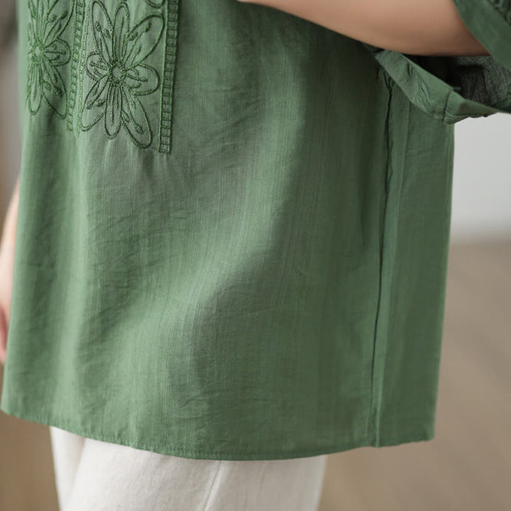 Buddha Stones Flower Embroidery Design Half Sleeve Cotton Linen T-shirt Tee - image 7