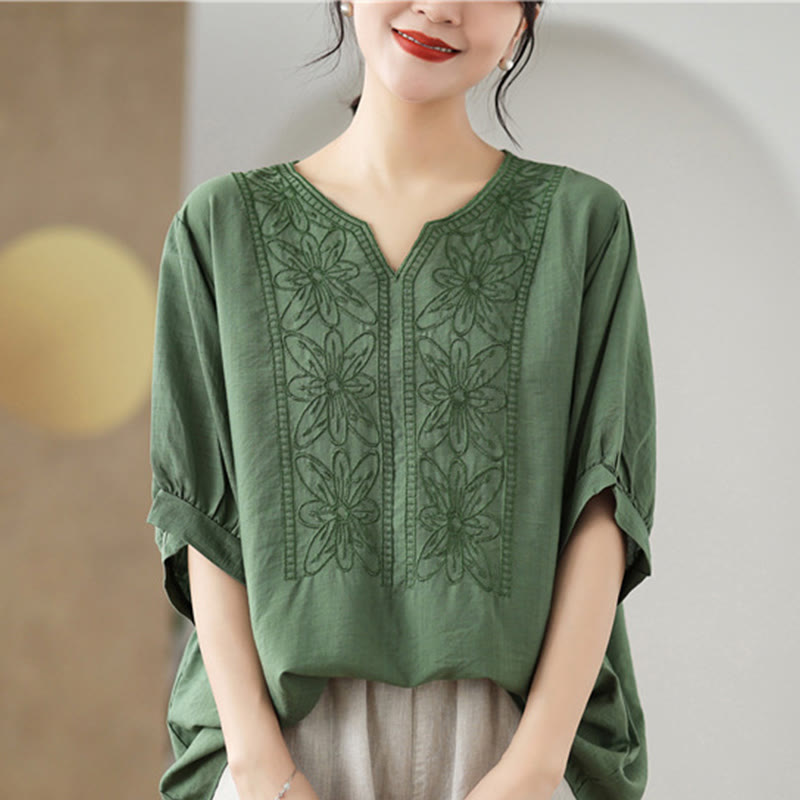 Buddha Stones Flower Embroidery Design Half Sleeve Cotton Linen T-shirt Tee - image 1