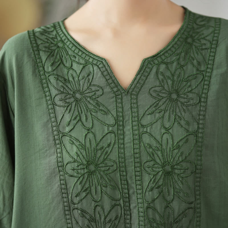 Buddha Stones Flower Embroidery Design Half Sleeve Cotton Linen T-shirt Tee - image 5