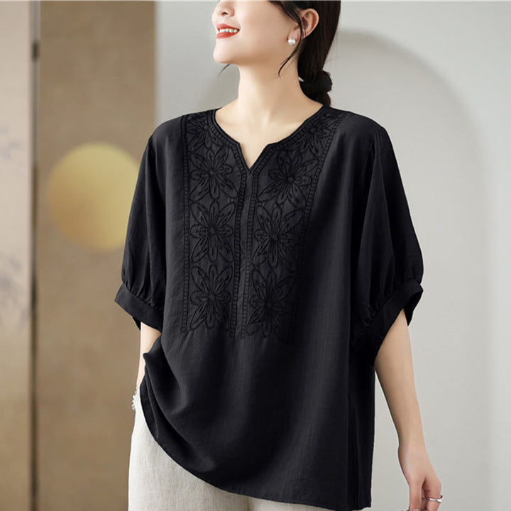 Buddha Stones Flower Embroidery Design Half Sleeve Cotton Linen T-shirt Tee - image 13