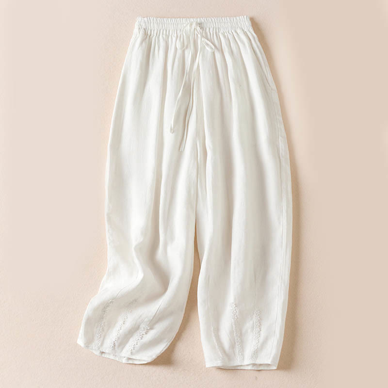 Buddha Stones Summer Small Flower Embroidery  Harem Pants With Pockets - White - US8-10，UK/AU12-14，EU40-42 (2XL) - image 16