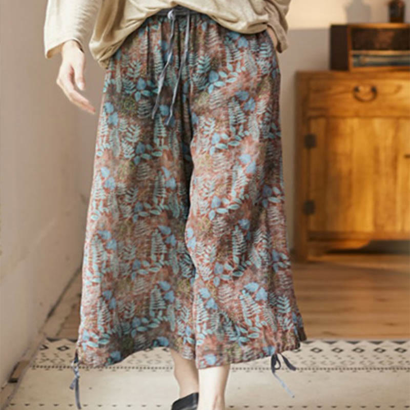 Buddha Stones Summer Women's Blue Leaves Plants Pants With Pockets - image 9