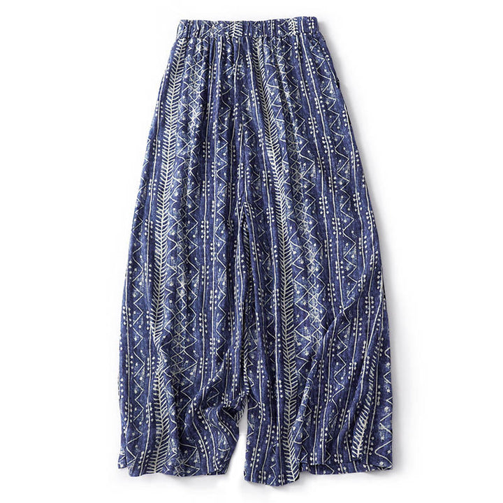 Buddha Stones Blue Stripes Print Cotton Linen Wide Leg Pants With Pockets - image 11