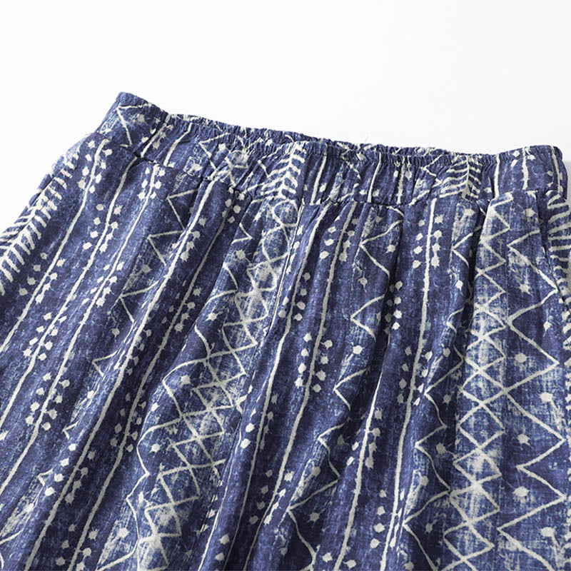 Buddha Stones Blue Stripes Print Cotton Linen Wide Leg Pants With Pockets - image 3