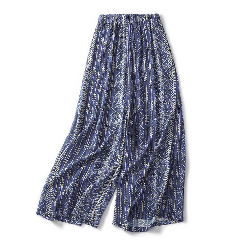 Buddha Stones Blue Stripes Print Cotton Linen Wide Leg Pants With Pockets - image 2