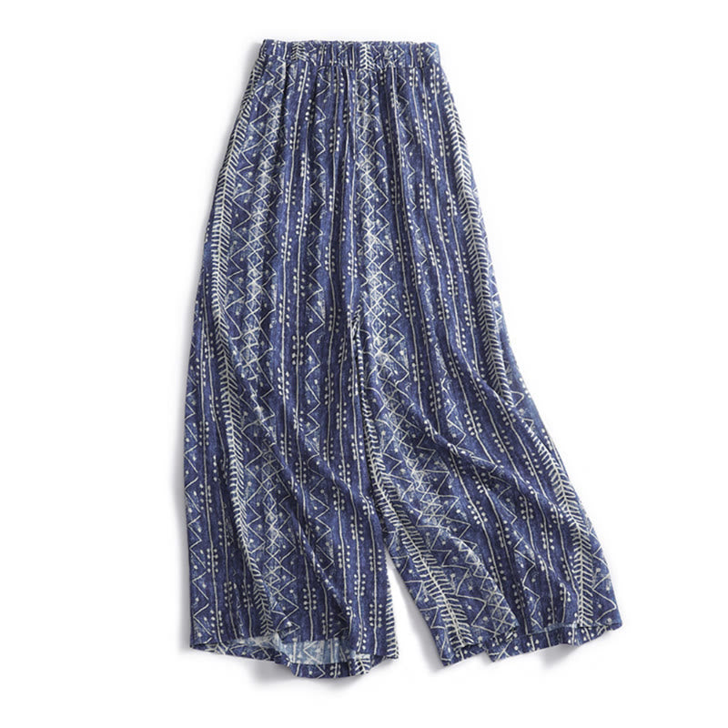 Buddha Stones Blue Stripes Print Cotton Linen Wide Leg Pants With Pockets - US8-10，UK/AU12-14，EU40-42 (2XL) - image 0