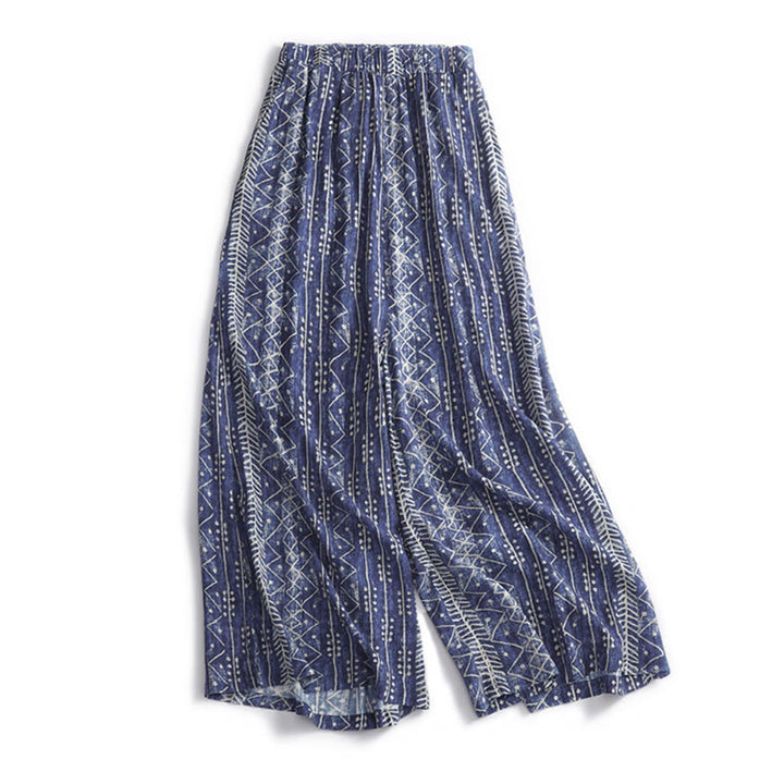 Buddha Stones Blue Stripes Print Cotton Linen Wide Leg Pants With Pockets - US8-10，UK/AU12-14，EU40-42 (2XL) - image 0
