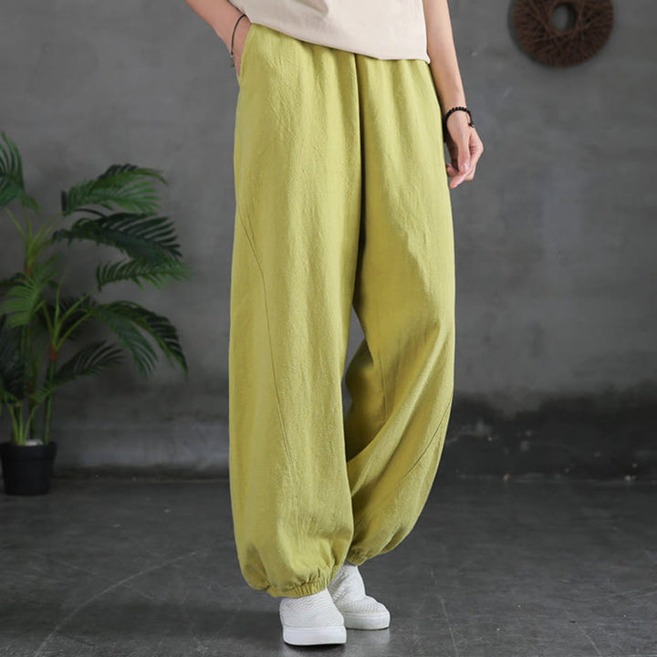 Buddha Stones Plain Color Ramie Linen Cotton Pants With Pockets - YellowGreen - US4，UK/AU8，EU36 (L) - image 15