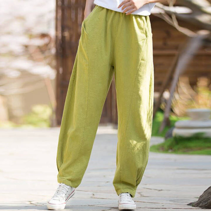 Buddha Stones Casual Ramie Linen Cotton Yoga Pants With Pockets - GreenYellow - US4，UK/AU8，EU36 (L) - image 0