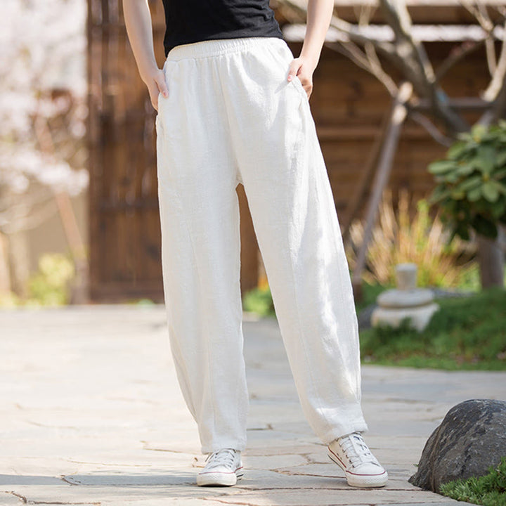 Buddha Stones Casual Ramie Linen Cotton Yoga Pants With Pockets - White - US4，UK/AU8，EU36 (L) - image 8
