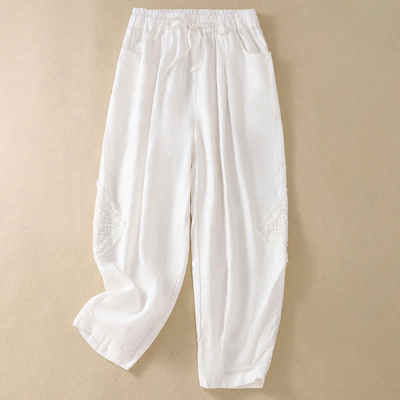 Buddha Stones Summer Women's Cotton Drawstring Harem Pants With Pockets - White - US8-10，UK/AU12-14，EU40-42 (2XL) - image 5