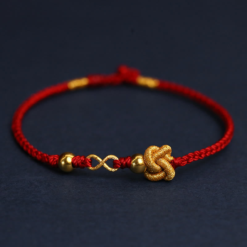 Buddha Stones 999 Gold Mobius Infinite Love Fu Character Copper Coin Protection Handmade Ultra-Thin Rope Bracelet - Mobius Big Gold Bead Style - 23cm - image 14