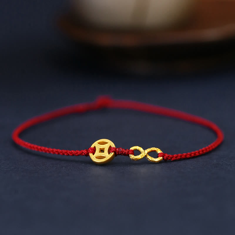 Buddha Stones 999 Gold Mobius Infinite Love Fu Character Copper Coin Protection Handmade Ultra-Thin Rope Bracelet - Mobius Copper Coin - 23cm - image 15